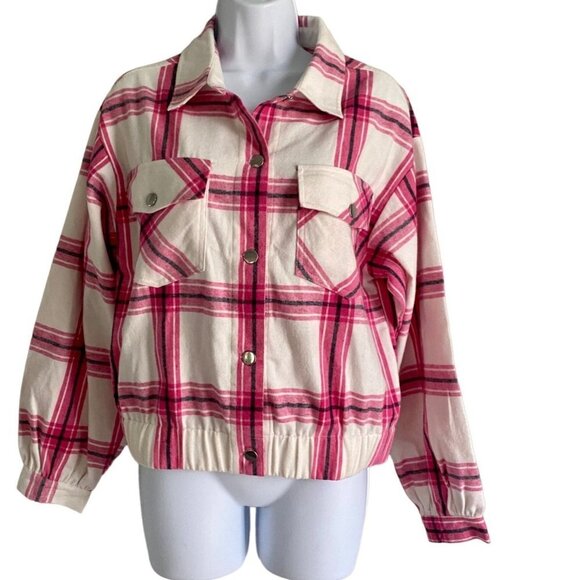 Jolie & Joy Juniors Button Down Pink and White Plaid Jacket Medium - Picture 2 of 11